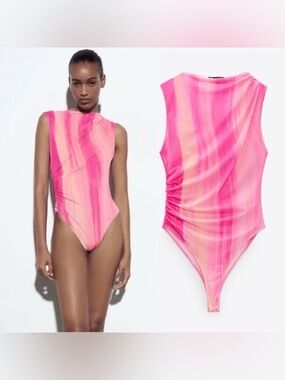 Zara Drape Mesh Tulle High Leg Bodysuit Large
